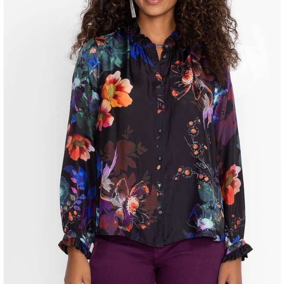 Johnny Was Jolene Ruffle Blouse Midnight floral print silk shirt XXL - Picture 1 of 12